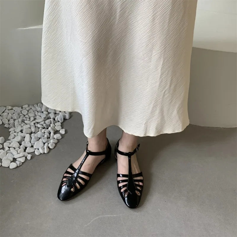 Tstrap Rome Flat Sandals Hollow Out Summer Mary Janes Shoes Pu Leather Holiday Gladiator Sandals