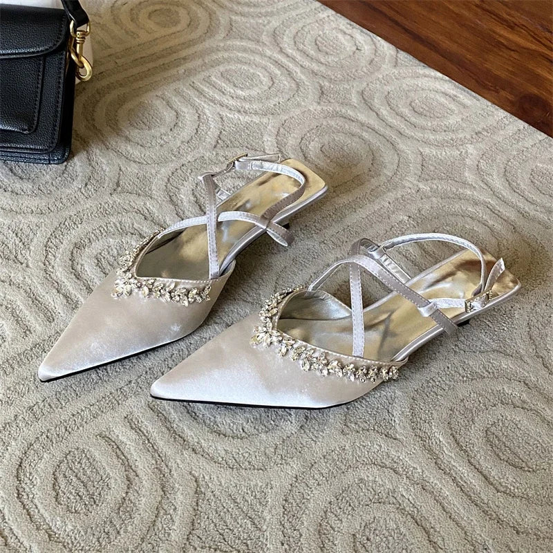 Spring Crystal Pointed Toe Narrow Band Woman Pumps Sandals Thin Low Heels Slingbacks Buckle Strap Female Shoes