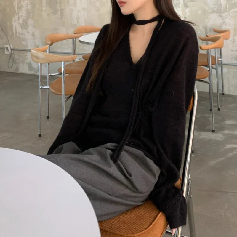Vneck Singlebreasted Pleated Longsleeved Cardigan Autumn New High Street Pleated Laceup Color Tops