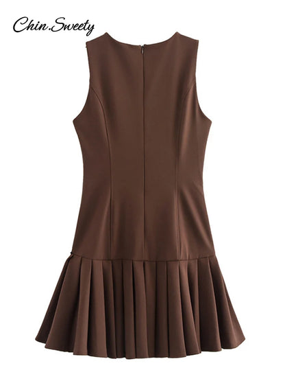 Pleated Mini Dress Brown O-neck Sleeveless a Line High Waist Party Dresses New Zipper Robes