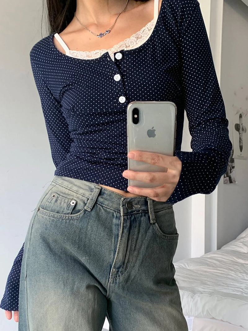 Dot Print Slim Y2k Long Sleeve T-shirt Contrast Lace Patchwork Button Up Square Collar Japanese Kawaii 2000s Tees