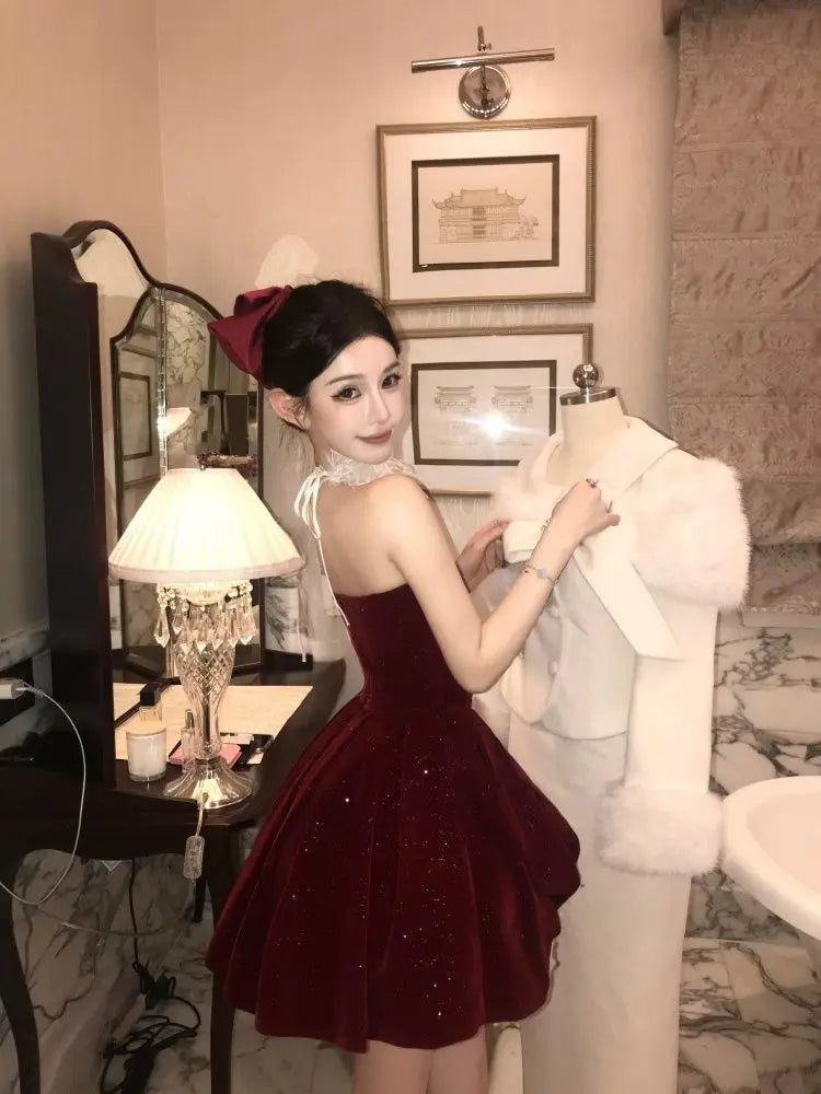 Evening Dresses Velvet Strapless Slim Rhinestone Wedding Party Cocktail Mini Dress Backless Birthday