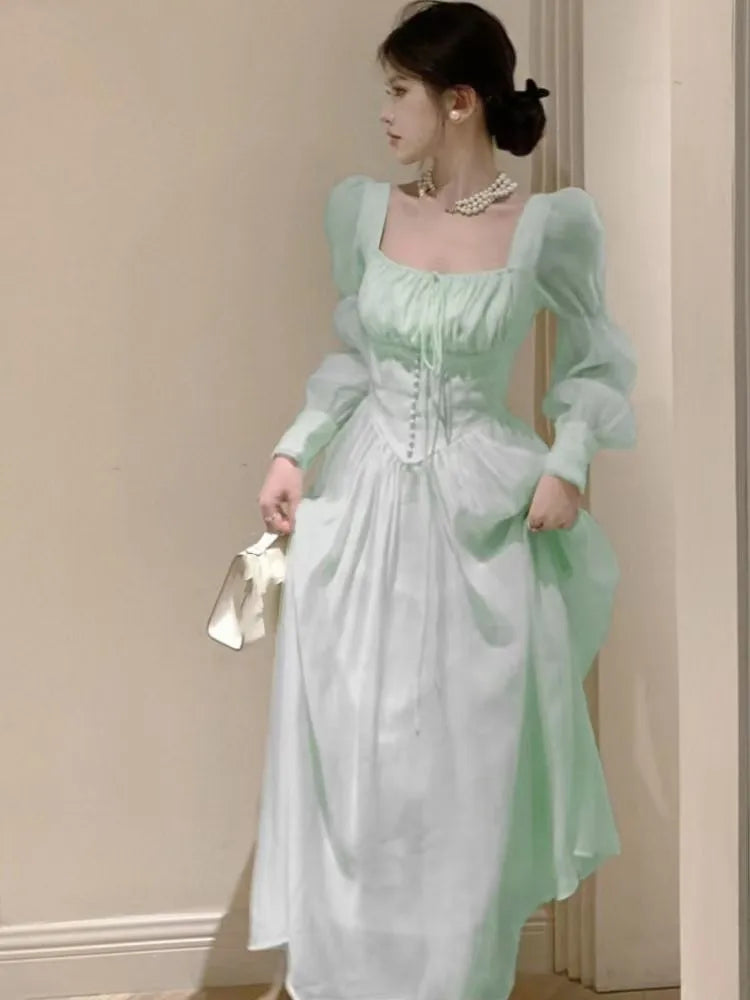 Autumn New Princess Midi Dresses for Square Collar Slim Waist Puff Sleeve Female Clothing One Piece Vestido