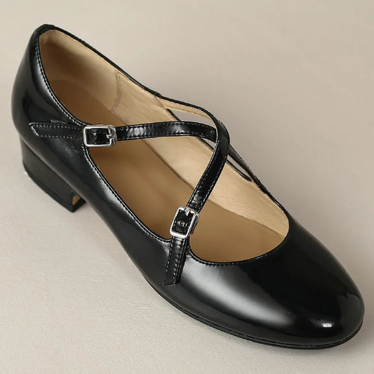 Genuine Leather Double Metal Belt Cross Strap Slipon Flats Daily Single Shoes Soft Comfortable Female Daily Shoe