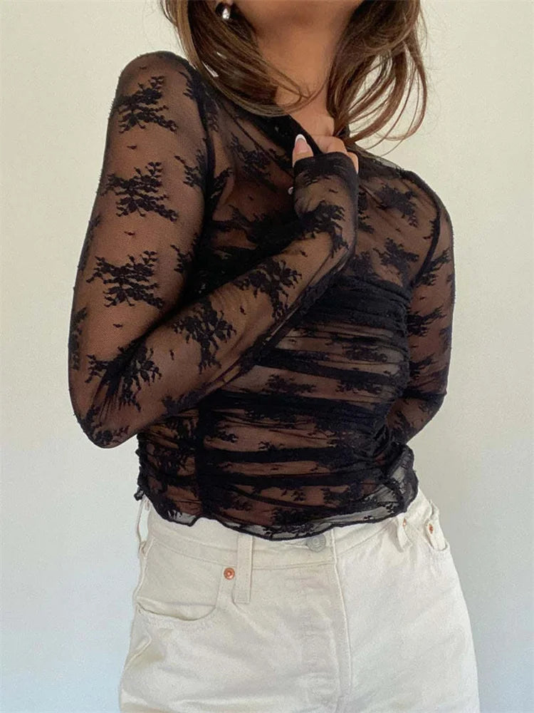 See-through Lace Mesh T-shirt for Long Sleeve Printed Summer Contrast Pullover Female Slim Tee Top