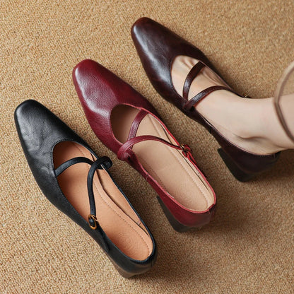 Genuine Leather Square Toe Slipon Pumps 4cm Thick Low Heel Ol Style Narrow Band Cross Strap Slim Shoes