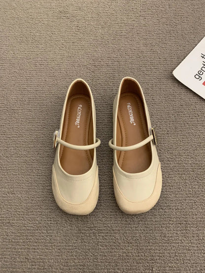 Designer New Leather Shallow Soft Sole Mary Jane Shoes Summer French Metal Buckle Flat Shoes