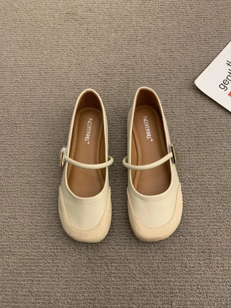 Designer New Leather Shallow Soft Sole Mary Jane Shoes Summer French Metal Buckle Flat Shoes