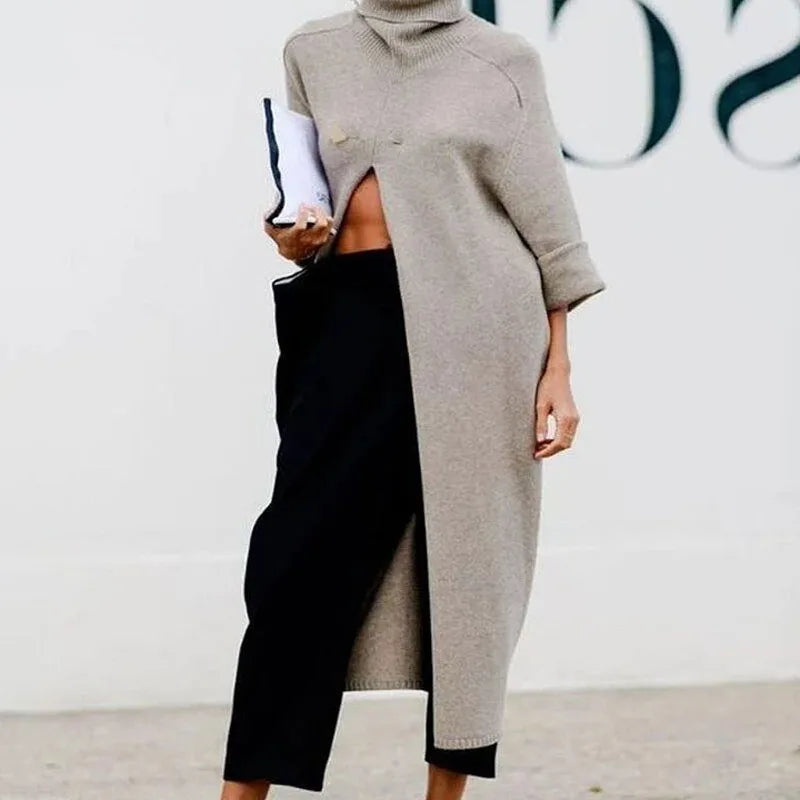 Stylish New Knitting Tops Commuter Turtleneck Sweater Coats Female Warm Long Sleeve Split Jumper Pullover Knit