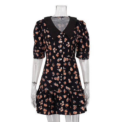 Short Sleeve Mini Dress for Robe Turn-down Collar French Dress High Waist Dresses