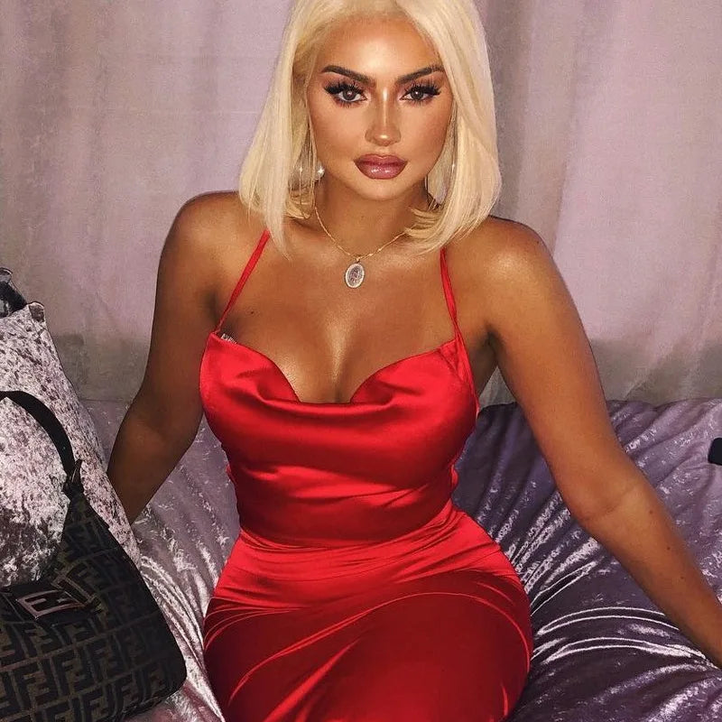 Neon Satin Lace Up Backless Midi Dress