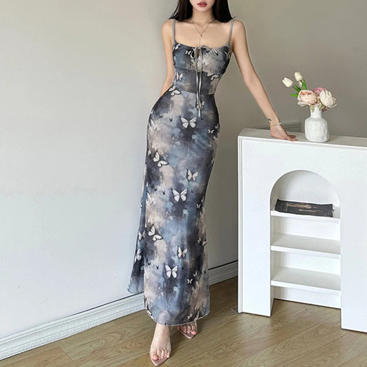 Butterfly Print Sleeveless Long Dress Coquette Tieup Spaghetti Straps Maxi Sundress Holiday Party