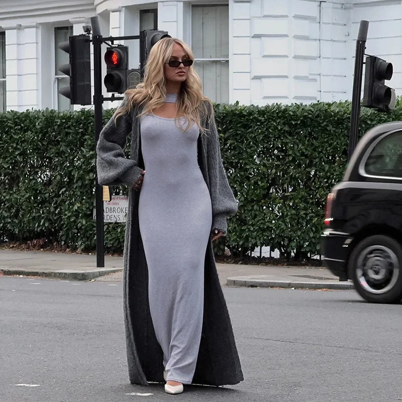 Modest Knitted Long Dress Loose Buttons Sweater Cardigans Fall Commuter Lady Fashionable Woman Wear