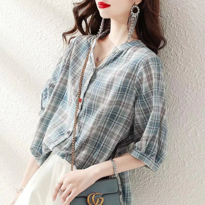 Woman Summer Style Blouses Tops Lady V-neck Short Sleeve Striped Printed Blusas Tops Df4537