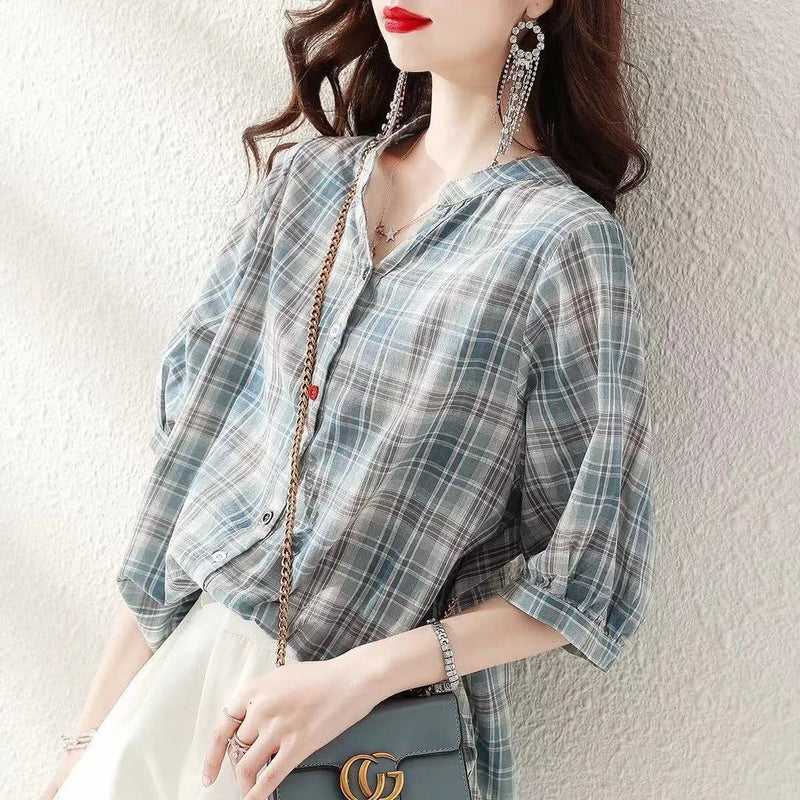 Woman Summer Style Blouses Tops Lady V-neck Short Sleeve Striped Printed Blusas Tops Df4537