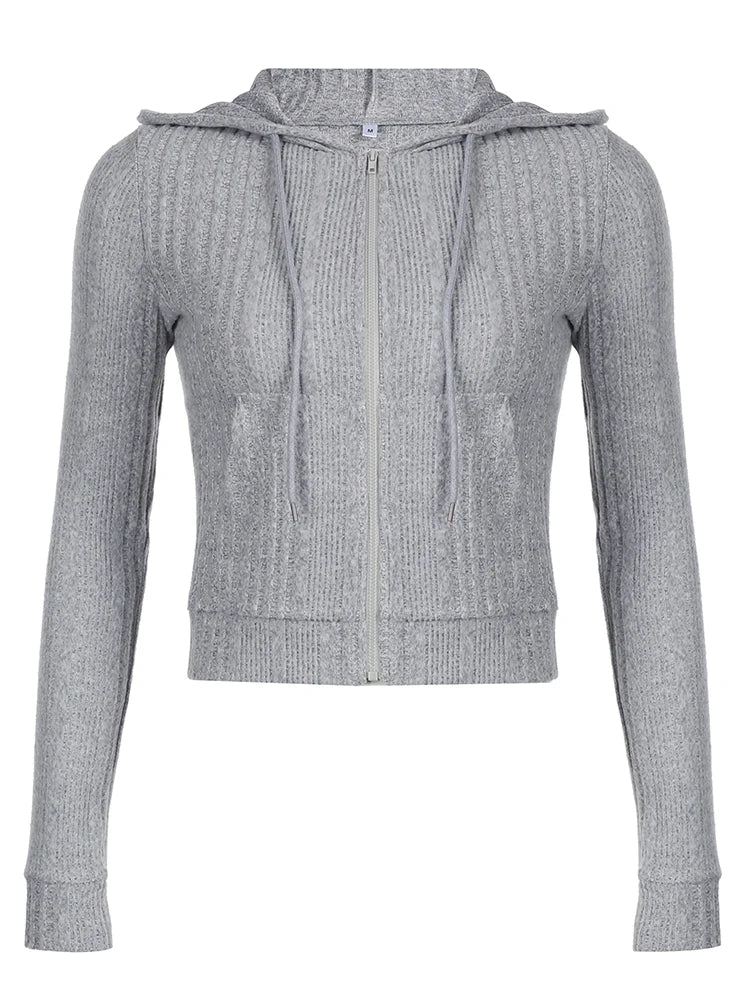 Gray Zip Up Knitted Hooded Jackets Pockets Details Simple Basic Minimalist Slim Long Sleeve Hoodies Knitwear
