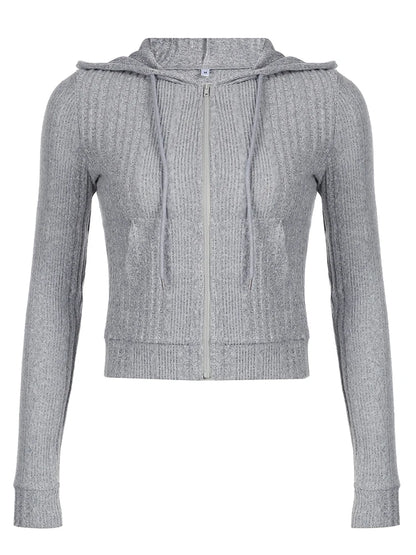 Gray Zip Up Knitted Hooded Jackets Pockets Details Simple Basic Minimalist Slim Long Sleeve Hoodies Knitwear