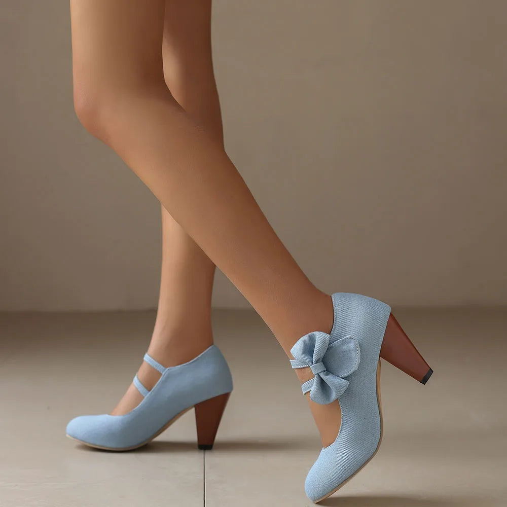 48 Brand New Round Toe Chunky Heel Pumps Bow Buckle Summer Party Shoes