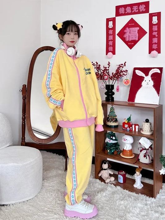 Y2k Set Autumn Zipper Jakcet+joggers Pants Embroidered Letter Loose Korean 2 Pieces Sets Spring Autumn