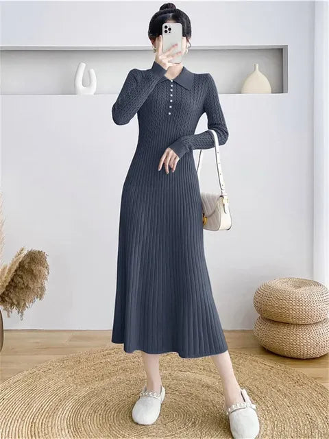 Ribbed Autumn Knit Long Dress for High Waist Long Sleeve Dress Lapel Loose Knitwear Maxi Dress
