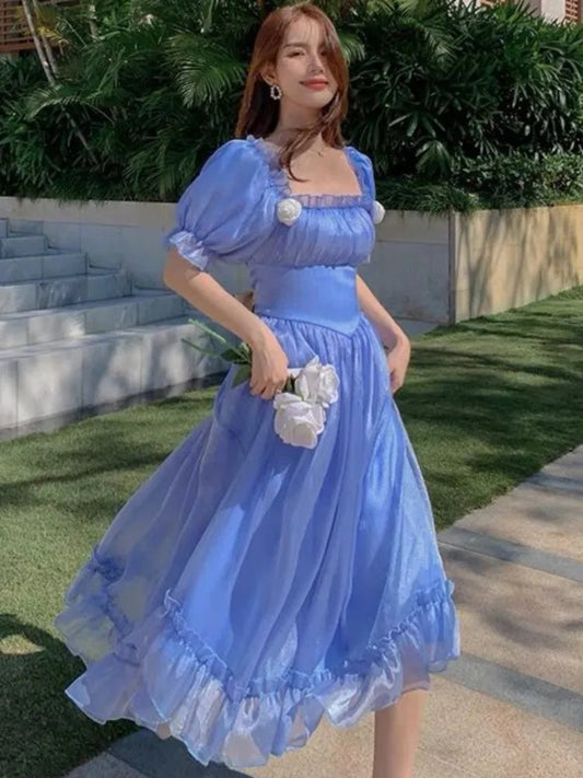 French Blue Fairy Evening Dresses for Square Collar Birthday Party Midi Dress Summer Aline Vestidos Robe