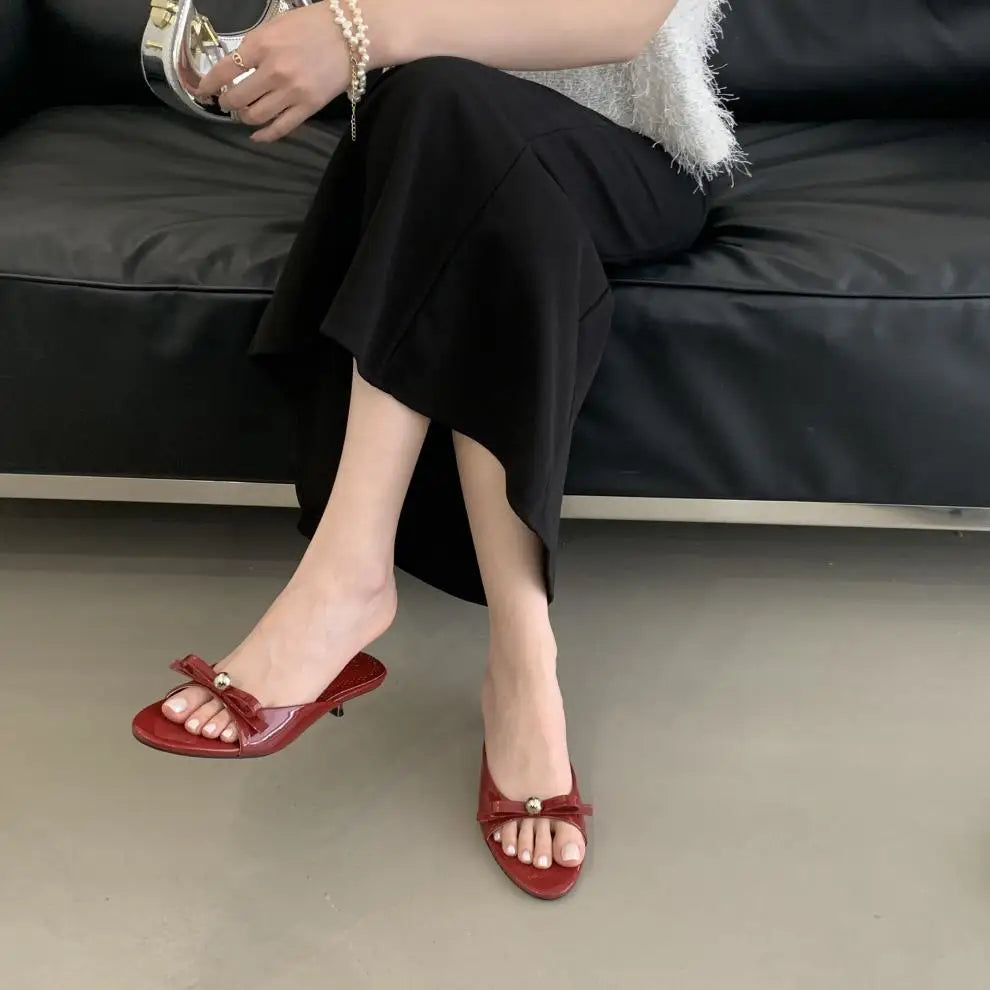 String Bead Highheeled Shoes Lady Slippers Outdoor Slides Pantofle Butterflyknot Low Rubber Flip Flops Hawaiian Pu