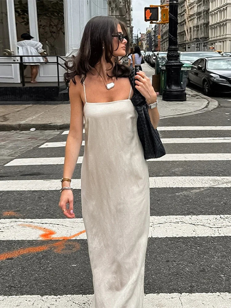 Slip Dress Summer Cotton Lined Loose Dresses Sleeveless Thin Straps White Long Dresses Backless Beach Holiday Dresses