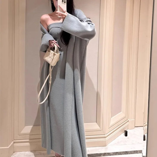 Autumn Winter Warm Knitted 2-piece Dress Set Soft Long Cardigan Strapless Bodycon Split Midi Dress Outfits