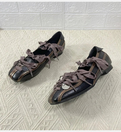 Spring Lolita Square Toe Purple Flat Ballet Shoes New Straps Bow Color Matching Mary Jane Shoes