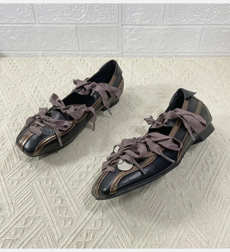 Spring Lolita Square Toe Purple Flat Ballet Shoes New Straps Bow Color Matching Mary Jane Shoes
