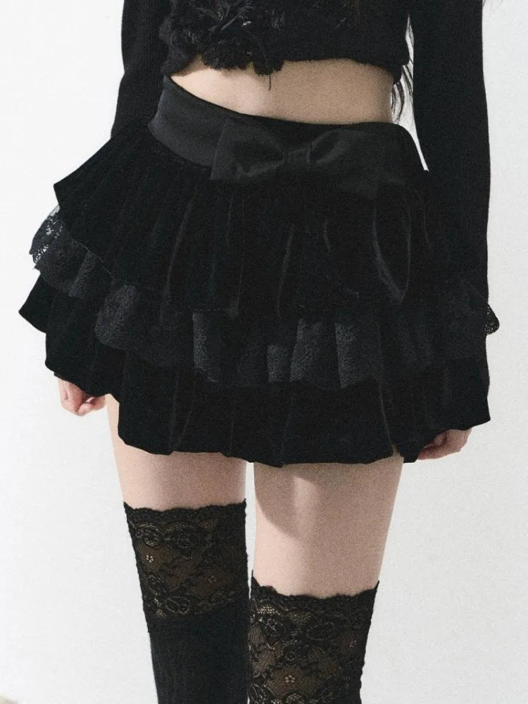 Sweet Bow Hite Lace Skirt for Y2k High Waist Faldas Mujer Allmatch Ruched Aline Cake Skirts