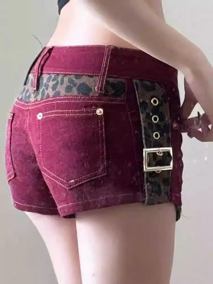 American Street Retro Leopard Print Patchwork Shorts Lowwaist Slim Fit Hot Shorts Summer New Red Shorts for
