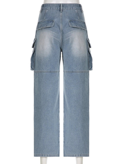 Pockets High Waisted Jeans Woman Autumn Winter Baggy Blue Cargo Pants Loose Denim Pant