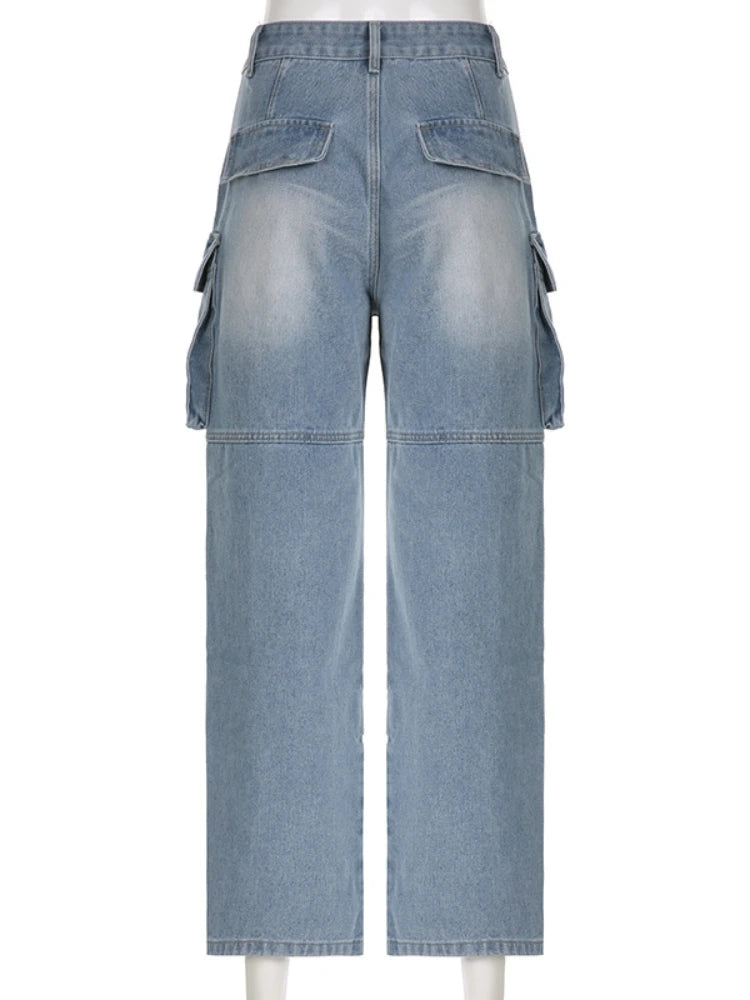 Pockets High Waisted Jeans Woman Autumn Winter Baggy Blue Cargo Pants Loose Denim Pant