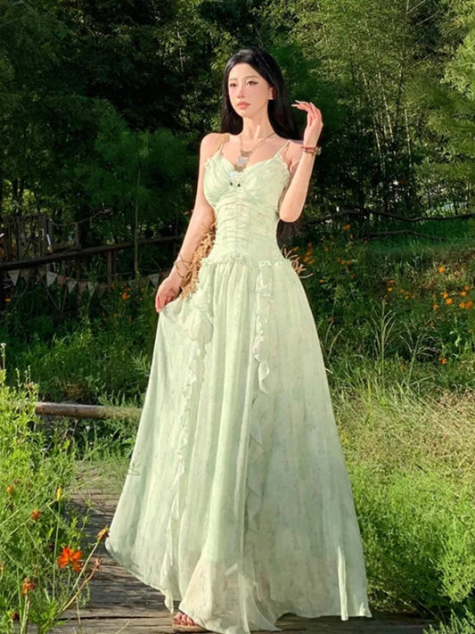 Green Ruffles Sleeveless Bodycon Vneck Summer Holiday Vacation Long Dresses Printed Party Dress Vestidos
