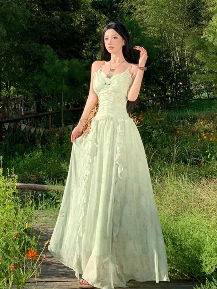 Green Ruffles Sleeveless Bodycon Vneck Summer Holiday Vacation Long Dresses Printed Party Dress Vestidos