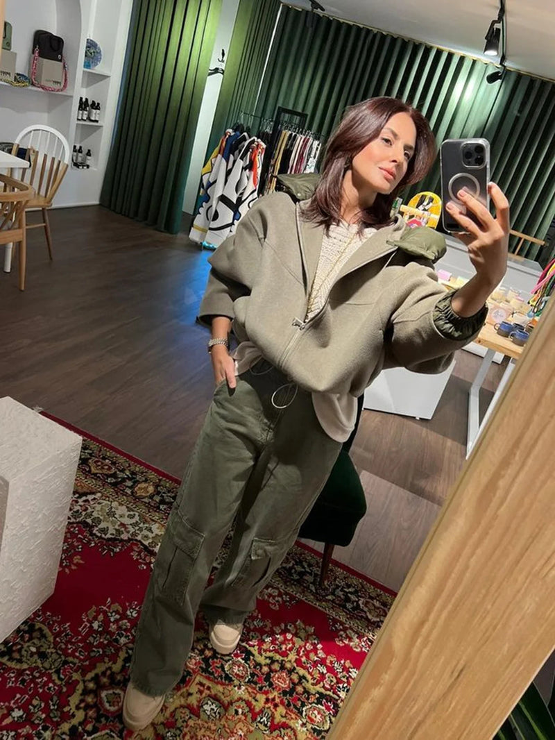 Detachable Hooded Patchwork Jacket Woman Long Sleeve Drawstring Hem Loose Coat Spring Color Simple Outerwear Top