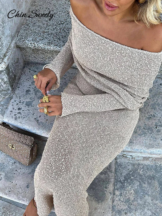 Beach Knitted Off the Shoulder Long Dress Slim Flare Sleeve Hollow Out Maxi Dresses Summer Lady Hip Package Robes