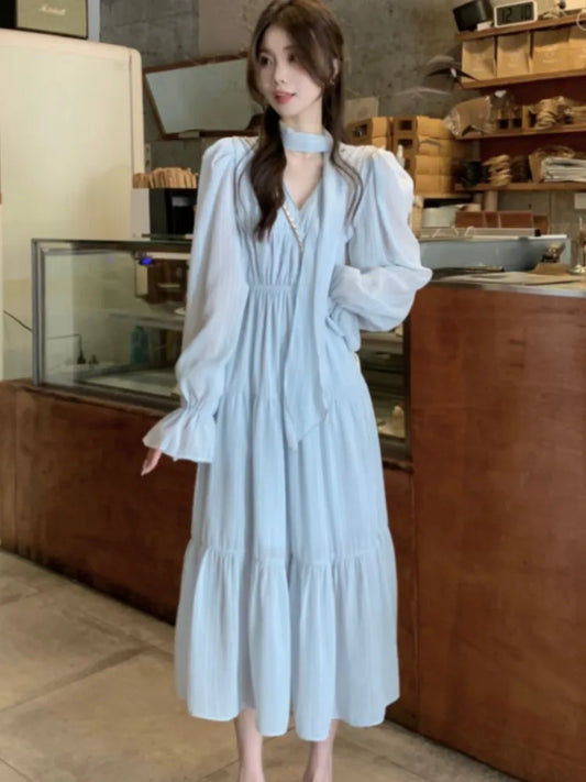 Autumn Midi Dresses for V-neck Flare Sleeves A-line Korean French Vestidos Mujer New