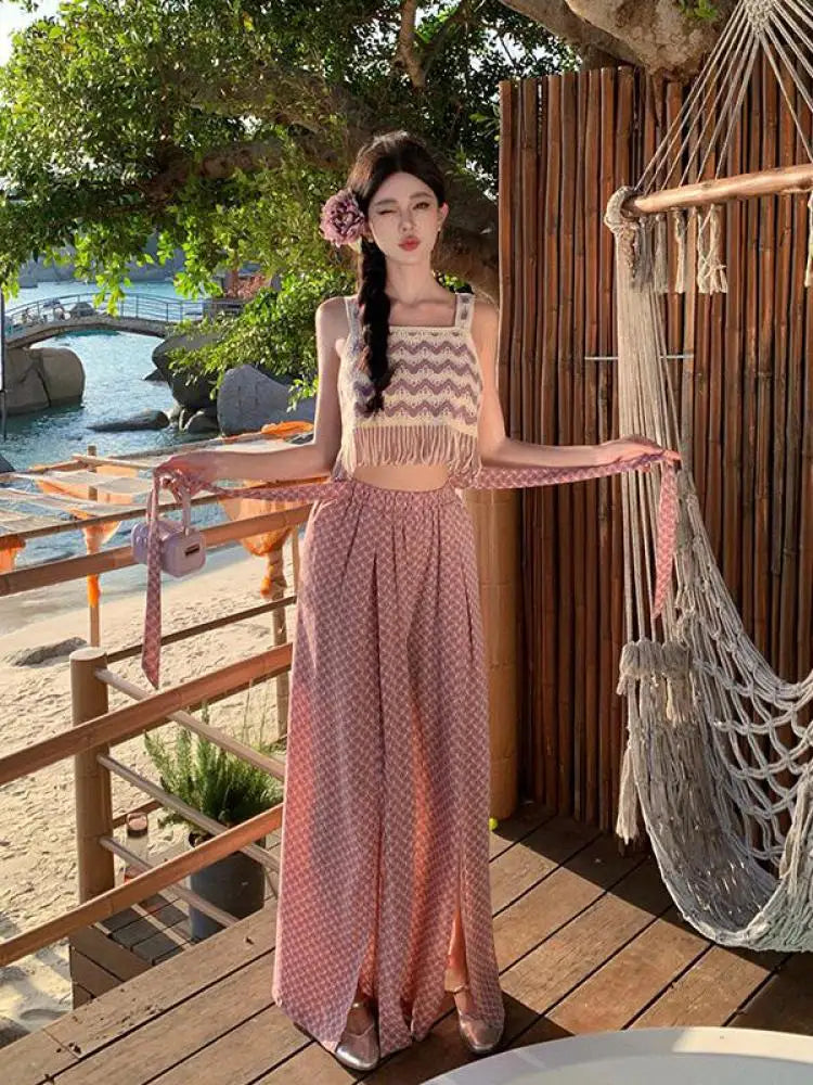 Green Print High Waist Pleated Wide Leg Pant Summer Pink Loose Straight Split Trousers