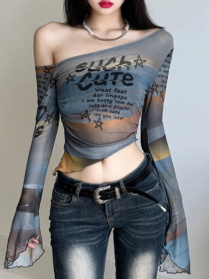 Colour Letter Print Fabric Skew Collar Asymmetric Top Tees Flared Sleeve Design Slim Personality Blouses