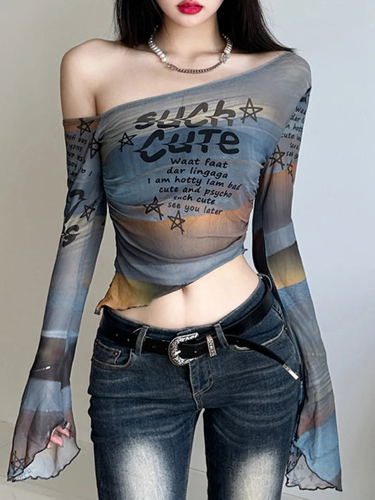 Colour Letter Print Fabric Skew Collar Asymmetric Top Tees Flared Sleeve Design Slim Personality Blouses