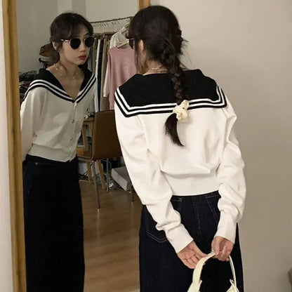 White Navy Collar Knitted Cardigan Age Reduction Clothing Autumn Thin Long Sleeve Sweater Korean Y2k Top