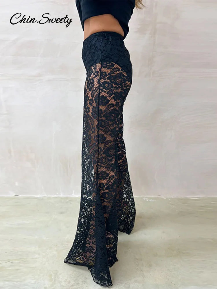 Lace Sheer Flare Pant Hollow Out Lady Vacation Long Trousers Female Spring Elastic High Waist New
