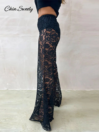 Lace Sheer Flare Pant Hollow Out Lady Vacation Long Trousers Female Spring Elastic High Waist New