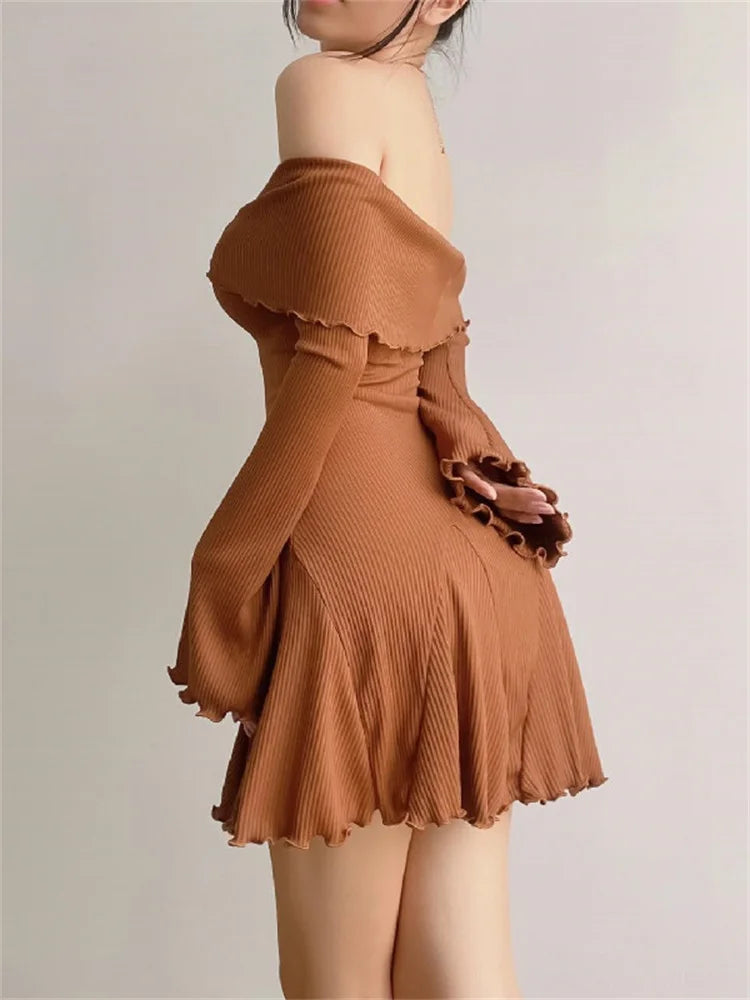 Black Knit Ruffled Mini Dress Patchwork Offshoulder Loose Slim Ribbed Dress Knitwear Clothes Female Dress