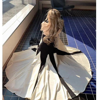 Black White Contrast Pleated Sling Long Dress Summer Backless Maxi Dresses Lady Evening Party Vestidos