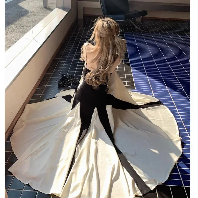 Black White Contrast Pleated Sling Long Dress Summer Backless Maxi Dresses Lady Evening Party Vestidos