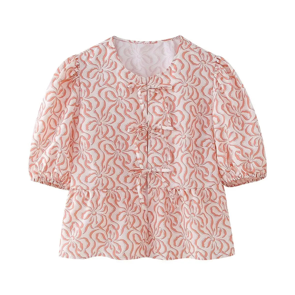 Summer Printed Cropped Shirts Top Puff Short Sleeves Round Neck Blouse Female Laceup Tshrit