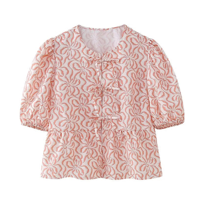 Summer Printed Cropped Shirts Top Puff Short Sleeves Round Neck Blouse Female Laceup Tshrit